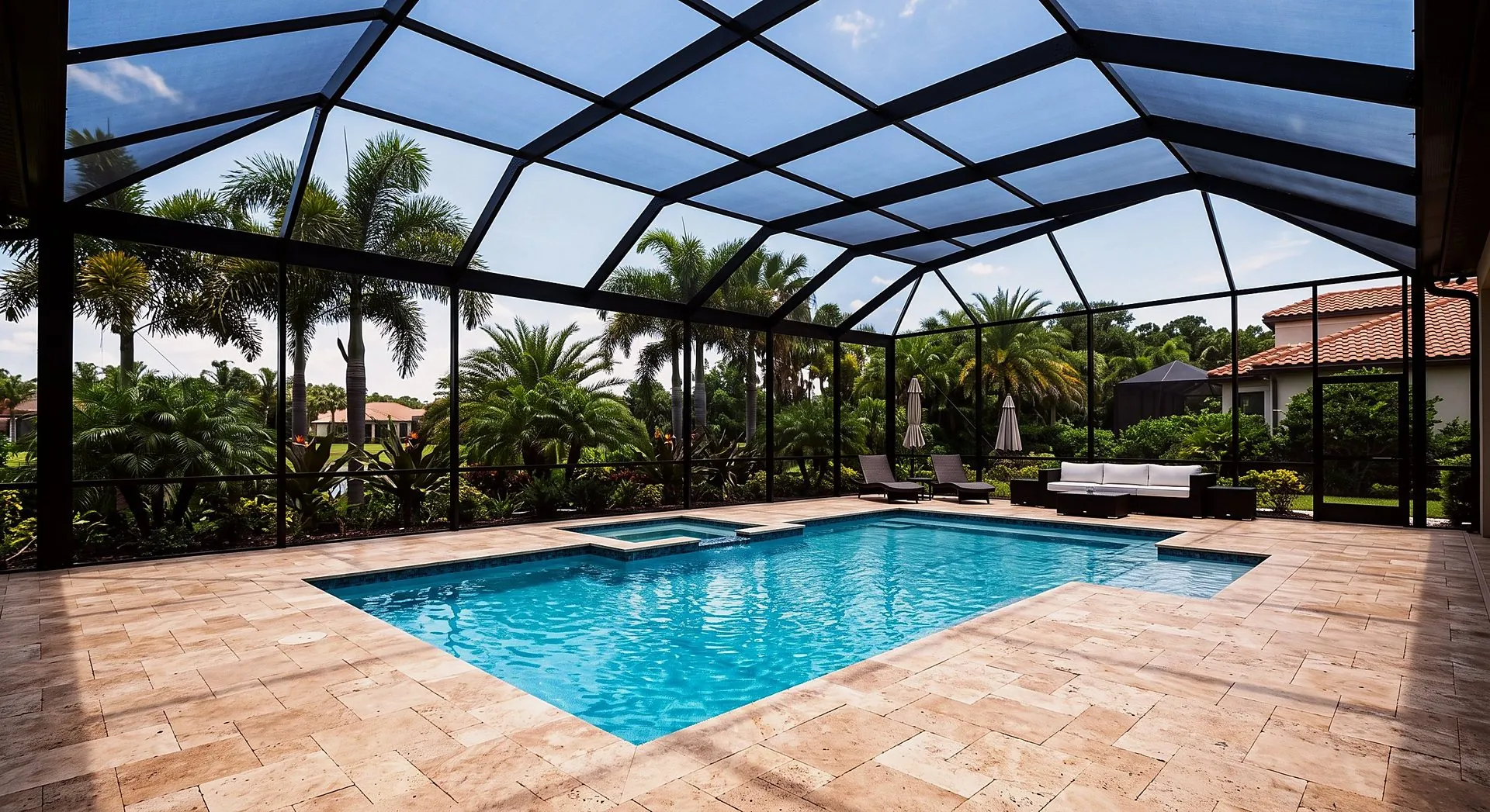 Screen enclosure over a pool at a Central Florida home, with travertine deck and palms