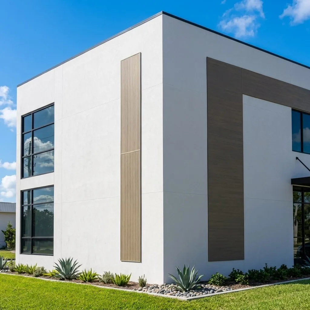 Large-format panel siding wrapping a building corner, with a vertical wood-tone inset